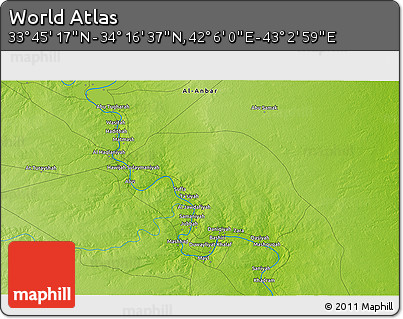 Physical 3D Map of the Area around 34° 0' 57" N, 42° 34' 30" E