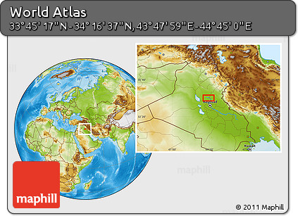 Physical Location Map of the Area around 34° 0' 57" N, 44° 16' 29" E