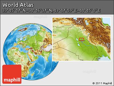 Physical Location Map of the Area around 34° 0' 57" N, 44° 16' 29" E
