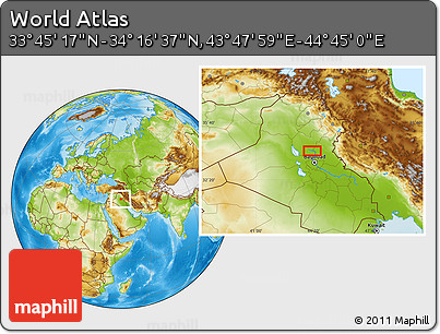 Physical Location Map of the Area around 34° 0' 57" N, 44° 16' 29" E
