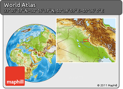 Physical Location Map of the Area around 34° 0' 57" N, 45° 7' 30" E