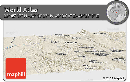 Shaded Relief Panoramic Map of the Area around 34° 0' 57" N, 45° 58' 30" E