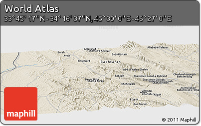 Shaded Relief Panoramic Map of the Area around 34° 0' 57" N, 45° 58' 30" E