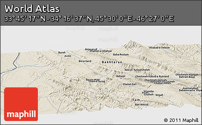 Shaded Relief Panoramic Map of the Area around 34° 0' 57" N, 45° 58' 30" E