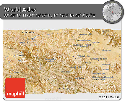 Satellite 3D Map of the Area around 34° 0' 57" N, 47° 40' 29" E