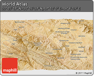 Satellite 3D Map of the Area around 34° 0' 57" N, 47° 40' 29" E