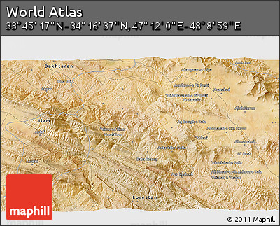 Satellite 3D Map of the Area around 34° 0' 57" N, 47° 40' 29" E