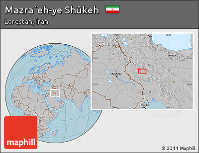 Gray Location Map of Mazra`eh-ye Shūkeh, hill shading
