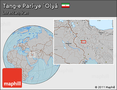 Gray Location Map of Tang-e Parī-ye `Olyā, hill shading