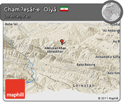 Shaded Relief Panoramic Map of Cham Ḩeşār-e `Olyā