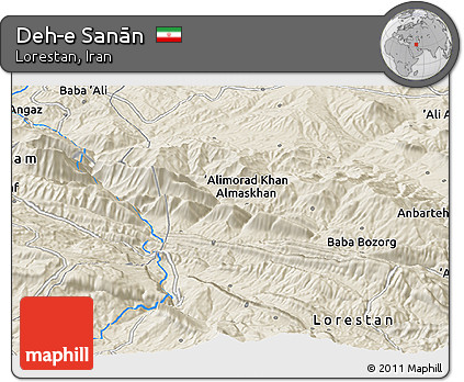 Shaded Relief Panoramic Map of Deh-e Sanān