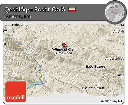 Shaded Relief Panoramic Map of Qeshlāq-e Posht Qalā