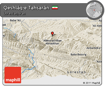 Shaded Relief Panoramic Map of Qeshlāq-e Tahsarān