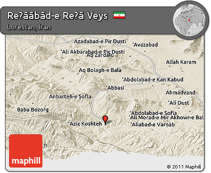 Shaded Relief Panoramic Map of Reẕāābād-e Reẕā Veys