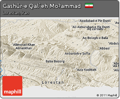 Shaded Relief Panoramic Map of Gashūr-e Qal`eh Moḩammad