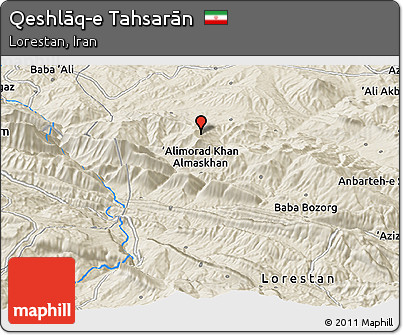 Shaded Relief Panoramic Map of Qeshlāq-e Tahsarān