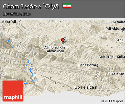 Shaded Relief Panoramic Map of Cham Ḩeşār-e `Olyā