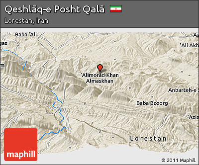 Shaded Relief Panoramic Map of Qeshlāq-e Posht Qalā