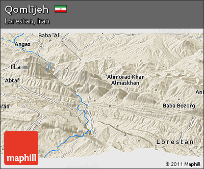 Shaded Relief Panoramic Map of Qomlījeh