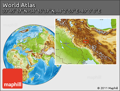 Physical Location Map of the Area around 34° 0' 57" N, 48° 31' 29" E