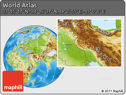 Physical Location Map of the Area around 34° 0' 57" N, 48° 31' 29" E