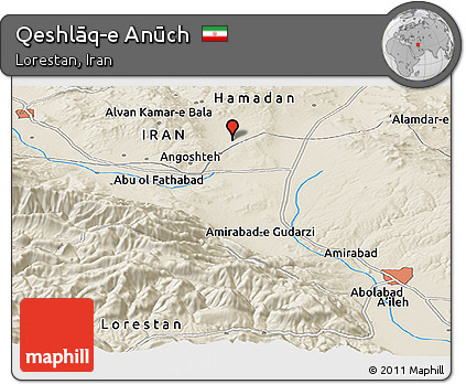 Shaded Relief Panoramic Map of Qeshlāq-e Anūch