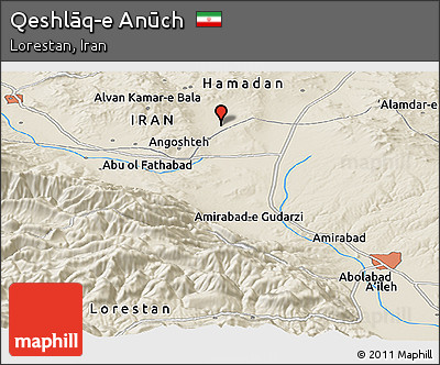 Shaded Relief Panoramic Map of Qeshlāq-e Anūch