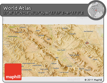 Satellite 3D Map of the Area around 34° 0' 57" N, 49° 22' 30" E