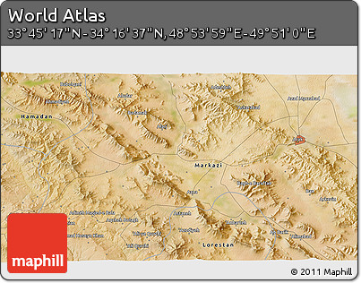 Satellite 3D Map of the Area around 34° 0' 57" N, 49° 22' 30" E