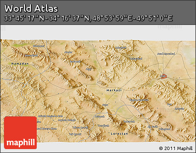 Satellite 3D Map of the Area around 34° 0' 57" N, 49° 22' 30" E