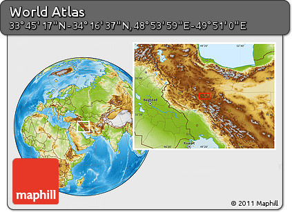 Physical Location Map of the Area around 34° 0' 57" N, 49° 22' 30" E
