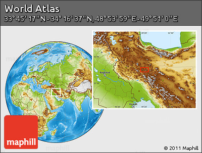 Physical Location Map of the Area around 34° 0' 57" N, 49° 22' 30" E
