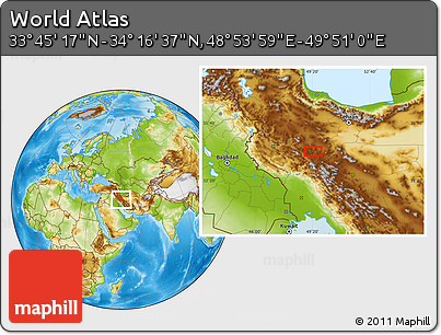 Physical Location Map of the Area around 34° 0' 57" N, 49° 22' 30" E