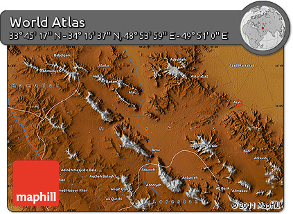Physical Map of the Area around 34° 0' 57" N, 49° 22' 30" E
