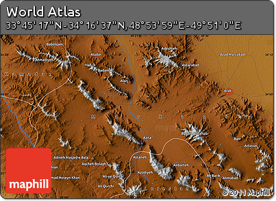 Physical Map of the Area around 34° 0' 57" N, 49° 22' 30" E