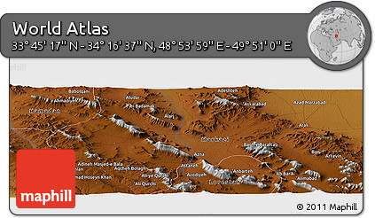 Physical Panoramic Map of the Area around 34° 0' 57" N, 49° 22' 30" E