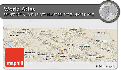 Shaded Relief Panoramic Map of the Area around 34° 0' 57" N, 49° 22' 30" E