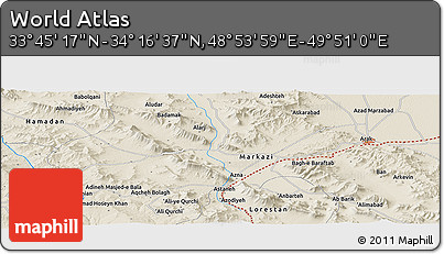 Shaded Relief Panoramic Map of the Area around 34° 0' 57" N, 49° 22' 30" E