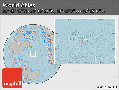 Gray Location Map of the Area around 34° 0' 57" N, 49° 13' 30" W, hill shading