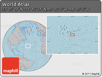 Gray Location Map of the Area around 34° 0' 57" N, 49° 13' 30" W, hill shading