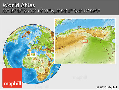 Physical Location Map of the Area around 34° 0' 57" N, 4° 19' 30" E