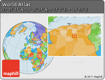Political Location Map of the Area around 34° 0' 57" N, 4° 19' 30" E