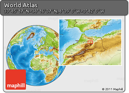 Physical Location Map of the Area around 34° 0' 57" N, 4° 10' 30" W