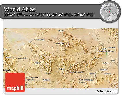 Satellite 3D Map of the Area around 34° 0' 57" N, 50° 13' 30" E