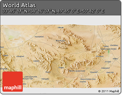 Satellite 3D Map of the Area around 34° 0' 57" N, 50° 13' 30" E