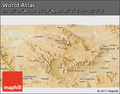 Satellite 3D Map of the Area around 34° 0' 57" N, 50° 13' 30" E