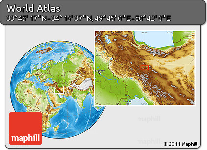 Physical Location Map of the Area around 34° 0' 57" N, 50° 13' 30" E