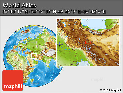 Physical Location Map of the Area around 34° 0' 57" N, 50° 13' 30" E