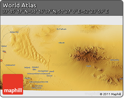 Physical 3D Map of the Area around 34° 0' 57" N, 51° 55' 29" E