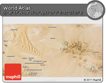 Satellite 3D Map of the Area around 34° 0' 57" N, 51° 55' 29" E
